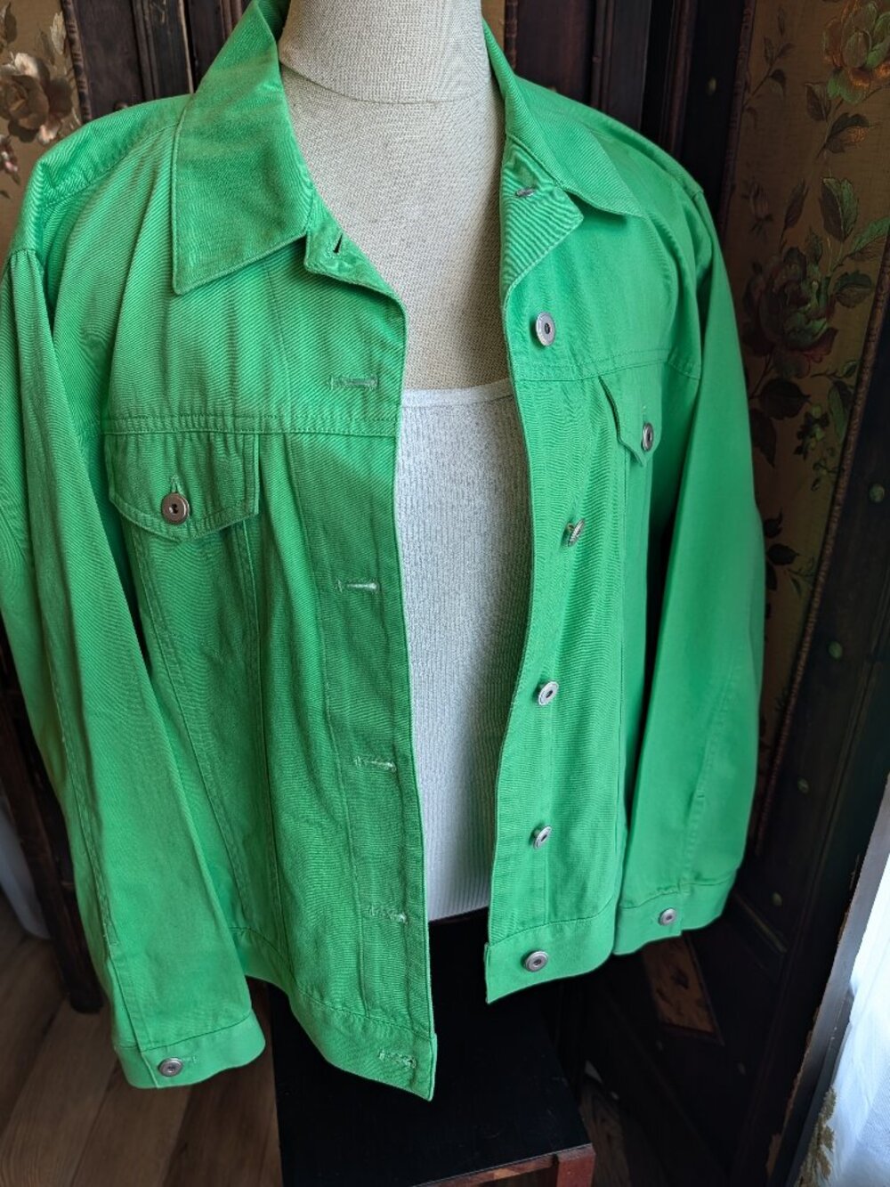 Vintage 90s Capezio Jeans Kelly Green Cotton Trucker Jean Jacket Button Up L